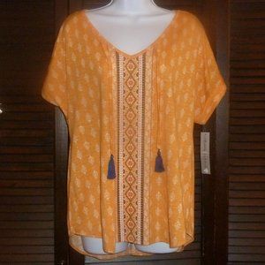 Absolutely Famous Orange Boho Top, Navy Blue Tassels, V-Neck Rolled Sleeve L Nwt